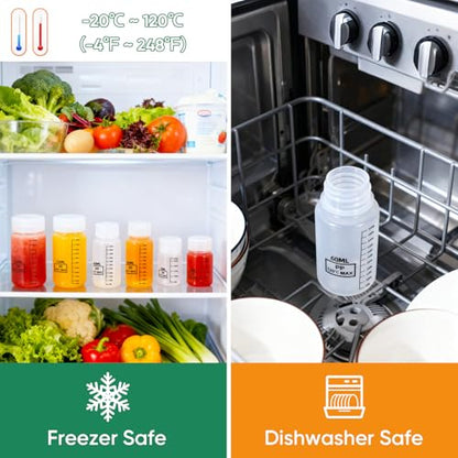DEMORA Plastic Bottles with Airtight Caps 1oz/30ml, Food Grade Wide Mouth Liquid Containers, Reusable PP Graduated Measuring Bottles for Water Sample Lab Reagent Liquids Mixing (Clear, 4 Pcs)