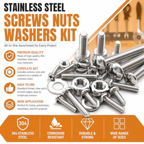 mankk 1716PCS Machine Screws,304 Stainless Steel Nuts and Bolts Assortment Kit,#6/#8/#10/1/4"/5/16"/3/8" & M3/M4/M5/M6/M8 SAE & Metric Phillips Pan Head Screws - size: SS 1716PCS SAE&Metric Kit