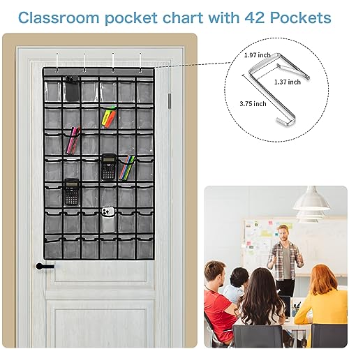SAVERHO 42 Pocket Classroom Pocket Chart for Cell Phones and Calculator,Clear Cellphone Pocket Chart for Classroom with Number Sticker and hooks (Grey-42 Pockets) - color: Grey-1pack of 42pockets