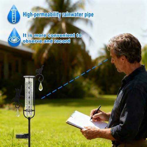 33in Solar Cat Bird Rain Gauge Metal Garden Stake Black Sculpture Decor - color: Cat