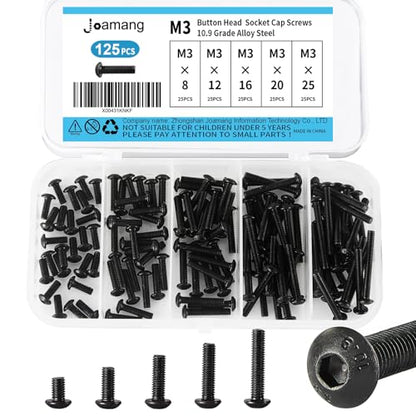 M3 x 8mm 12mm 16mm 20mm 25mm Button Head Socket Cap Screws Bolts, 10.9 Grade Alloy Steel, Black Oxide Finish, Metric Allen Hex Drive, Fully Threaded, Assortment Kit 125Pcs - size: Button M3x8-25 mm