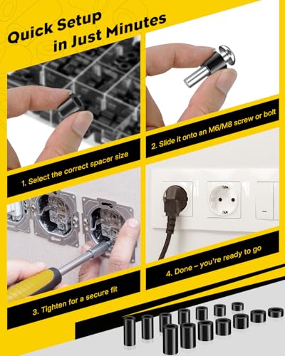 Vibit 320 Pcs M6/M8 Nylon Spacers for Screws, ID 6 mm/8 mm & OD 11 mm/14 mm, 7 Lengths – 5 mm 8 mm 10 mm 12 mm 15 mm 20 mm 25 mm, Non-Threaded Plastic Spacers Round Spacers for M6 M8 Screws, Black - size: M6/M8,320PCS