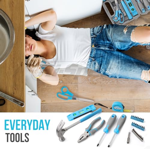 Hi-Spec Household Starter Tool Set with Carry Toolbox for Dorms, Blue - color: Blue