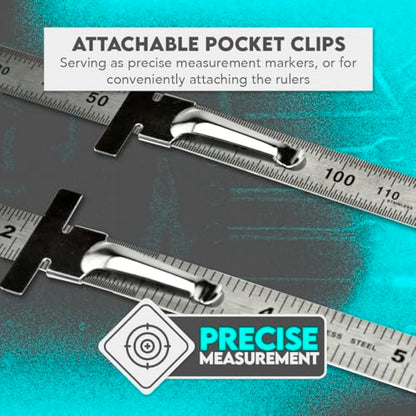 SE Stainless Steel SAE Metric Ruler Set - Stainless Steel Precision Ruler Measuring Tool - Detachable Clips - Set of 2 Pcs - 925PSR-2