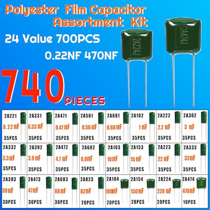 24 Value 740Pcs Metalized Mylar Polyester Film Capacitors Kit
