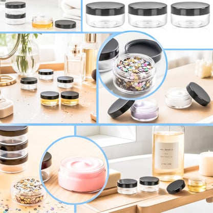 48PCS 10g Empty Clear Containers with Lids,Refillable Makeup Sample Containers, Small Sample Pot Jars Travel Makeup Container with Mini Spatulas for Liquid Powder Creams Lotions,Black Lid - color: Black, size: 10g