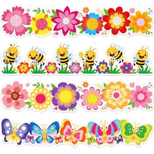 FYSUIMU 59.1 Ft Cartoon Flower Bulletin Board Borders Floral Bee Butterfly Trim Borders Springtime Classroom Scalloped Bulletin Board Decor for Back to School Spring Home Party Chalkboard Wall Decor - style: Cartoon Flower