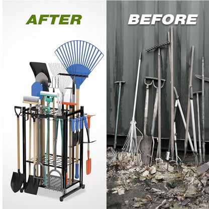 Sttoraboks Garden Tool Organizer Rack Up to 50 Tools, Heavy-Duty Steel Yard Tool Organizer for Garage Storage with 11 Hooks, Broom Holder & Garden Tool Rack for Shed, Patio, Outdoor Use, Black - style: Rack with hooks