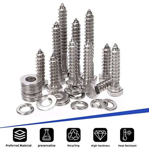 Glarks 150Pcs 5/16" 304 Stainless Steel Hex Lag Screws Assortment Kit Hex Lag Bolts with Flat Washers and Lock Washers Set for Fixing Metal, Wood, Plastic Materials - size: 5/16" Hex Lag Screws Set