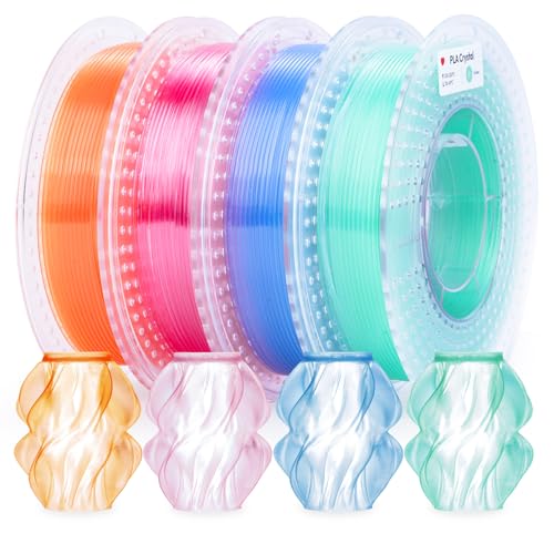 AMOLEN 3D Printer Filament Crystal PLA Translucent Bundle, Transparent PLA 1.75mm, NO-Tangle Low Warping, Dimensional Accuracy+/-0.02 mm, Fits Most FDM 3D Printers, 200gx4 Pack, Green+Pink+Orange+Blue