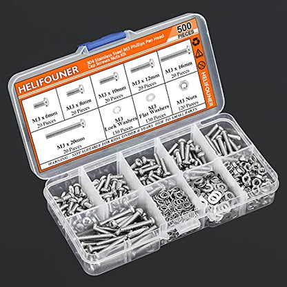 HELIFOUNER 500 Pieces M3 x 6mm /8mm /10mm /12mm /16mm /20mm, Phillips Pan Head Machine Screws, Metric Screws Bolts Washers Nuts Kit, 304 Stainless Steel - size: M3