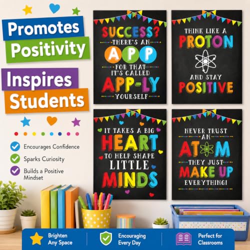 Andaz Press School Classroom Wall Art Teacher Poster, 8.5x11-inch, Think Like a Proton and Stay Positive, It Takes a Big Heart to Shape Little Minds, Never Trust an Atom, 4-Pack, Unframed - color: Stay Positive