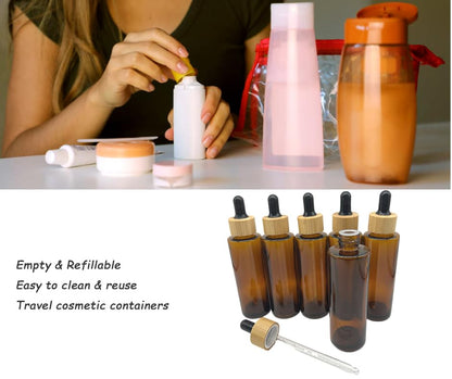 Brown Glass Dropper Bottles 60ml/2 oz 6 PACK,Essential Oil Bottles With Eye Dropper And Bamboo Lids Perfume Sample Vials Essence Liquid Cosmetic Containers - color: Brown clear, size: 60 ml