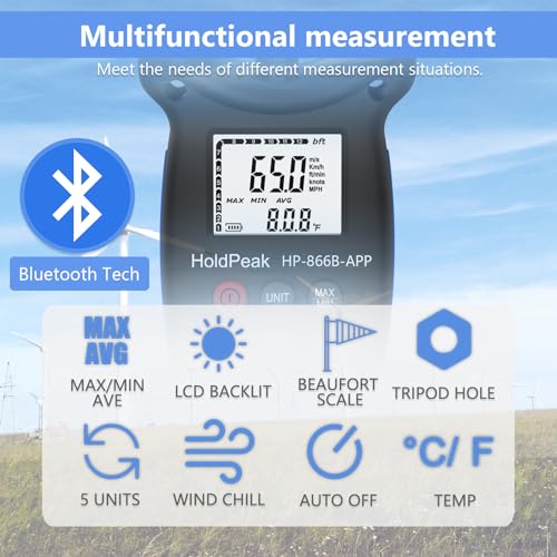 HoldPeak Handheld Anemometer Bluetooth with Tripod, Digital Wind Speed Gauge Meter, Air Flow Velocity Temperature CFM Measuring Device for HVAC Outdoor Sailing Shooting Golf, 866B-APP