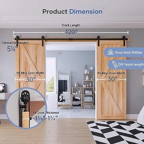 EaseLife 10 FT Double Door Sliding Barn Door Hardware Track Kit,Basic J Pulley,Heavy Duty,Slide Smoothly Quietly,Easy Install (10FT Track Kit for Double 30" Wide Door) - size: 10 Feet
