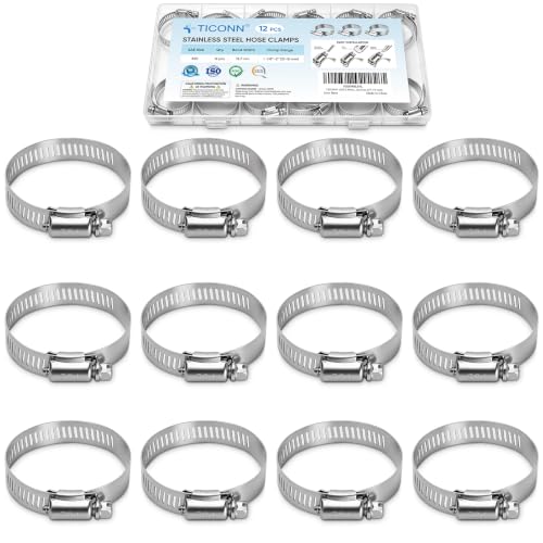 TICONN 12PCS Hose Clamps Set 304 Stainless Steel, 1-1/8"-2" Worm Gear - size: SAE #20 12PCS 1-1/8''~2"