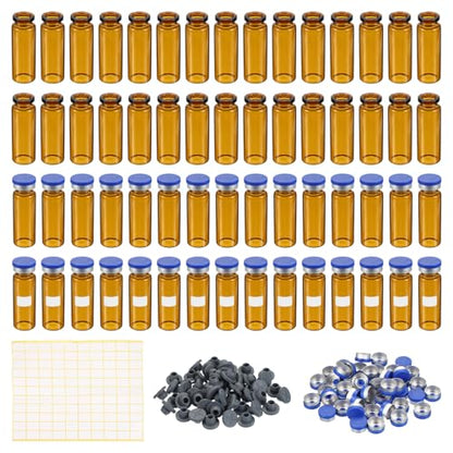 PATIKIL 15ml Sample Vials, 100 Pack Lab Empty Vials with Butyl Rubber Stopper Crimp Top Caps and Labels Borosilicate Glass Vial, Amber - color: Amber, size: 15ml
