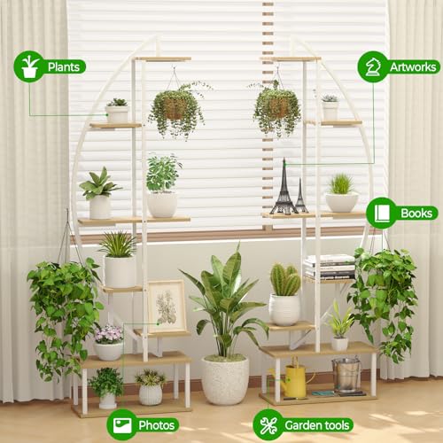 Plant Stand Indoor with 6 Grow Light, 65" Tall 7 Tier White Half Moon Shelf - color: Light Brown Board White Metal 7 Tier 2 Pack