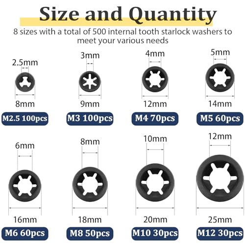 Internal Tooth Starlock Washers Push Nut Assortment (M2.5-M12) 500Pcs - size: Internal Tooth Star Lock Washers