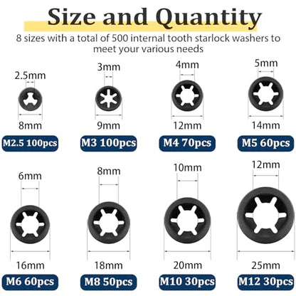 Internal Tooth Starlock Washers Push Nut Assortment (M2.5-M12) 500Pcs - size: Internal Tooth Star Lock Washers