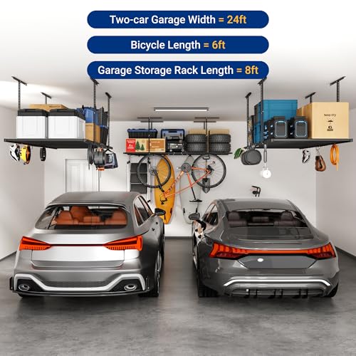 FLEXIMOUNTS 4x8 Overhead Garage Ceiling Storage Rack with 6 Hooks, Black - color: Black