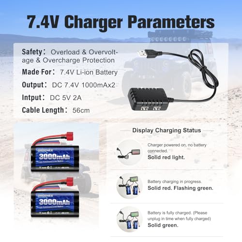 Li-ion Battery 7.4V 3000mAh High Capacity with Dean-Style T Plug 2S Rechargeable RC Battery Fit for WLtoys 4WD High Speed RC Cars and Most 1/10, 1/12, 1/16 Scale RC Cars Trucks with Charger
