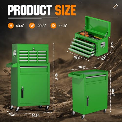 Oakcloud Heavy-Duty 5-Drawer Rolling Tool Chest & Cabinet Combo with Black Liner – Lockable Steel Garage Tool Box on Wheels – Detachable Top Toolbox & Bottom Storage Cart with Side Hooks, Green - color: Green, size: 5-drawer