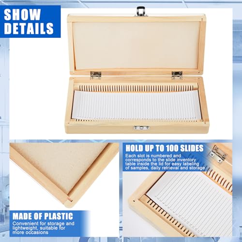 Wonderjune 2 Pack Wooden Microscope Slide Storage Box, 50-Place Microscope Slide Holder Case for 25 x 75 mm / 1 x 3 Inch Prepared Slides, Numbered Slots, Lab Classroom Storage