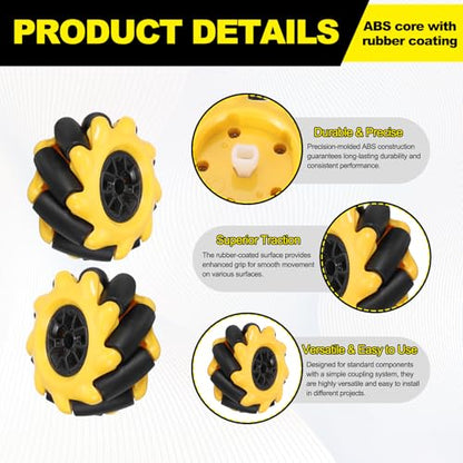 MECCANIXITY 4Pack Mecanum Wheels Set, 60mm / 2.36 ABS Rubber left and right Omnidirectional Wheels for Smart Robot Car Parts DIY Models Accessories, Yellow - size: 60mm / 2.36"
