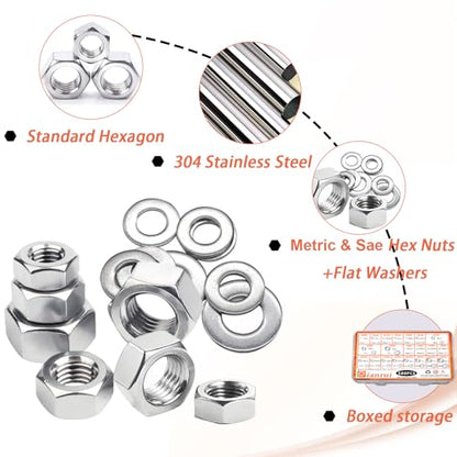 Dianrui 588PCS Metric & SAE Hex Nuts and Washers Assortment Kit, Assorted Nuts Washers 304 Stainless Steel (2#56 4#40 6#32 8#32 10#24 10#32 12#24 1/4-20 5/16-18 3/8-16 7/16-14 1/2-13 M2-M12) 21 Sizes - size: 588PCS Metric&SAE Kit