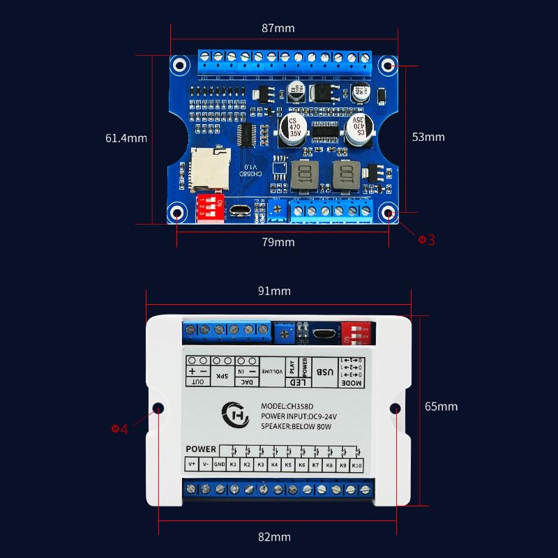 Voice Playback Module with 1GB Card,80W Low Lever Trigger DC 9-24V CH358D Chip Support USB Download, MP3 Hardware Decoding,10-Way Button One-to-One,8 Combined Voice Board for Industry Broadcast. - size: JR-CH358D-TF-Voice Playback Board