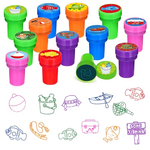 Cinrobiye 24 Pcs Gone Fishing Stampers Party Favor Set, Cute Fishing Theme Stamps for Kids Birthday Party, Classroom Rewards, Carnival Prizes, Goody Bag Fillers, Outdoor Adventure Party Supplies - color: Gone Fishing