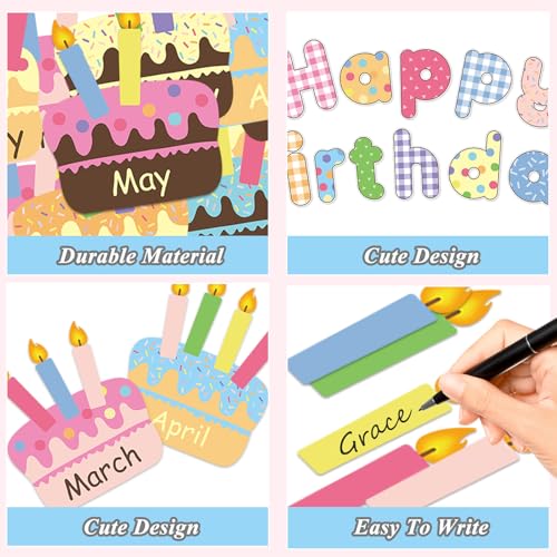 FYSUIMU 67 Pcs Happy Birthday Bulletin Board Decoration Set Birthday Cake Cutouts Back to School Paper Cutting with Glue Points for First Day of School Party Classroom Wall Calendar