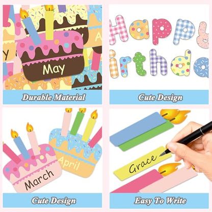 FYSUIMU 67 Pcs Happy Birthday Bulletin Board Decoration Set Birthday Cake Cutouts Back to School Paper Cutting with Glue Points for First Day of School Party Classroom Wall Calendar