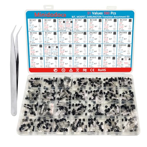 31 Kinds 580pcs Assorted Type General Purpose TO92 Transistors PNP NPN Bipolar Power Transistor Assortment Kit 2n7000 Mosfet,BC517 Darlington,A42 High Voltage Transistors 2n2222A 2n3904 - style: 31value-580pcs