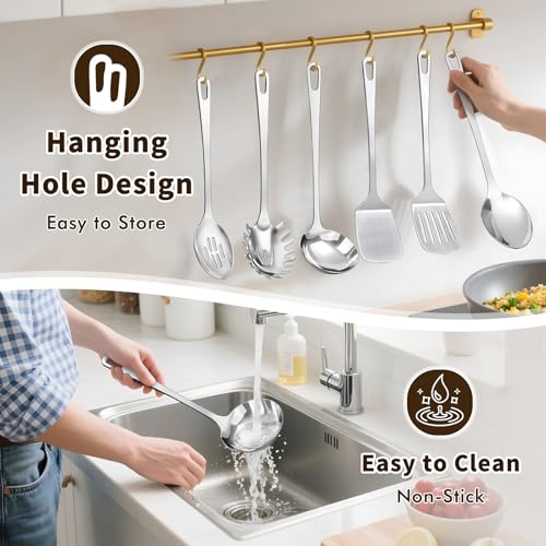 9 Pcs Cooking Utensils Set, Stainless Steel Kitchen Utensils, Heat Resistant Metal Kitchen Tools Include Solid & Slotted Turner Wok Spatula, Serving Spoon, Ladle, Pasta Server, Meat Fork, Tongs Silver - color: E. 9 Pieces