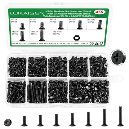 450Pcs Black M3 Phillips Flat Head Machine Screws and Nuts Kit - size: 450Pcs M3*4/6/8/10/12/16/20mm-Flat