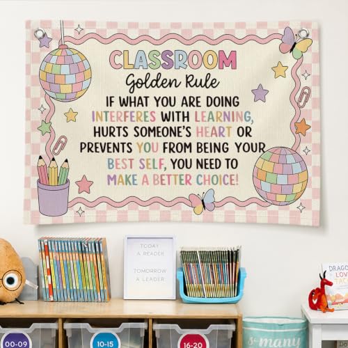 Retro Classroom Golden Rule Decor Canvas Wall Hanging Banner - color: 03-Classroom Golden Rule - Retro Disco