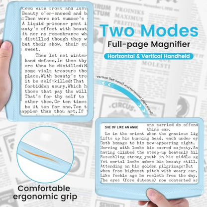Rechargeable 5X Magnifying Glass for Reading, Large Bright Full Page Magnifier with Light, Handheld LED Dimmable Lighted, Lightweight Book Magnifier for Reading Seniors, Light-Blue - color: Light-blue