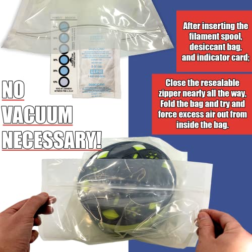 3D Printer Filament Storage Kit (Pack of 5) Includes: 5 Resealable Nylon/LDPE Gusseted Plastic Bags, 5 Large Oversize Rechargeable Clay Desiccant Drying Packs, 5 Humidity Indicator Cards