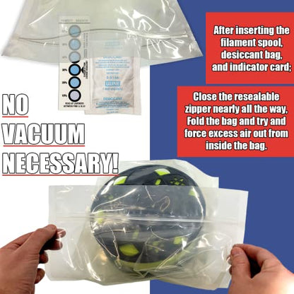 3D Printer Filament Storage Kit (Pack of 5) Includes: 5 Resealable Nylon/LDPE Gusseted Plastic Bags, 5 Large Oversize Rechargeable Clay Desiccant Drying Packs, 5 Humidity Indicator Cards