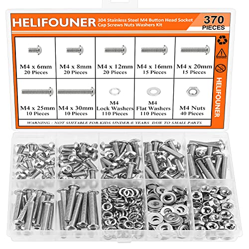 HELIFOUNER 370 Pieces M4 x 6mm /8mm /12mm /16mm /20mm /25mm /30mm, Button Head Socket Cap Screws Bolts Washers Nuts Kit, 304 Stainless Steel - size: M4, style: Button Head Screws