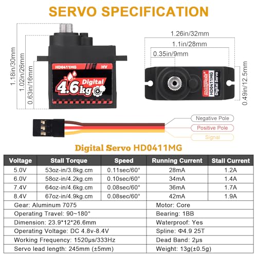 HobbyPark Waterproof 12g Servo Micro Servo Motor Metal Gear Arduino Servo 4.6kg High Torque Digital Servo Mini Servo for Axial SCX24 AX24 1/24 RC Crawler Car RC Airplane RC Boat RC Robotics