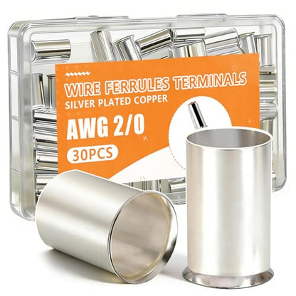 mankk 30PCS AWG 2/0 Wire Ferrules Terminals Kits Silver Plated Copper Ferrules Wire Ends Terminals Crimp Terminal Connector Sleeves (EN70-20) - color: 30PCS