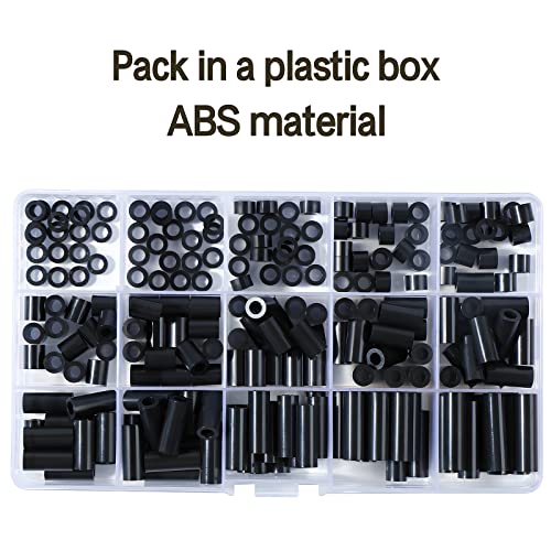 235Pcs ABS Black Round Spacer OD 7mm ID 4.1mm for M4 Screws 15Sizes Non-Threaded Column Standoff Support Spacer Round Straight Tube Plastic Washer Standoff