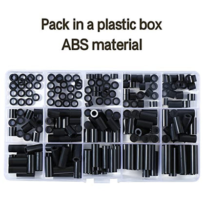 235Pcs ABS Black Round Spacer OD 7mm ID 4.1mm for M4 Screws 15Sizes Non-Threaded Column Standoff Support Spacer Round Straight Tube Plastic Washer Standoff