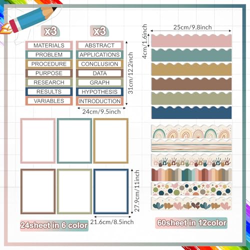 Fuyoooo 90 Pcs Science Fair Board Supplies 60 Trim Scalloped Bulletin Board Borders 24 Presentation Board Subtitles 6 Science Fair Titles for Classroom Display Boards(Boho) - style: Boho