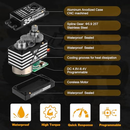 HobbyPark Waterproof RC Servo High Torque Coreless Motor Metal Gear Digital Servo Aluminum Case Parts for 1/8 1/10 RC Crawler RC Truck RC Car Buggy Basher Bashing Control Angle 180° (35kg Torque)