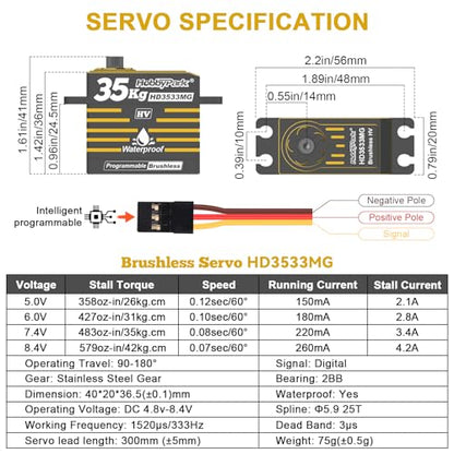 HobbyPark Waterproof High Torque RC Servo 35kg Brushless Motor Metal Gear Digital Servo Stainless Steel Gear Aluminum Case for RC Crawler RC Car Truck Buggy Bashing Basher Programmable 180°