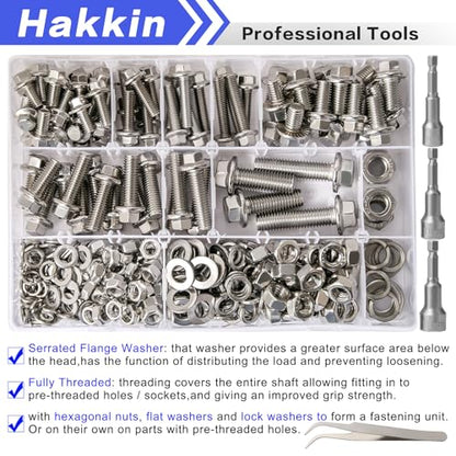 370PCS Metric Flange Bolt Assortment, M6x1.0, M8x1.25, M10x1.5 (12mm to 40mm) Hex Head Bolts and Nuts Assortment, Stainless Steel 304 Flange Bolts Nuts Washers Kit Hakkin, Hex Socket Included - size: L. M6 M8 M10